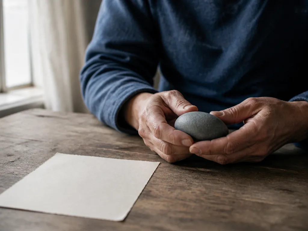 Photorealistic editorial photograph: close-up of a person's hands resting on a worn wooden table, holding a smooth river