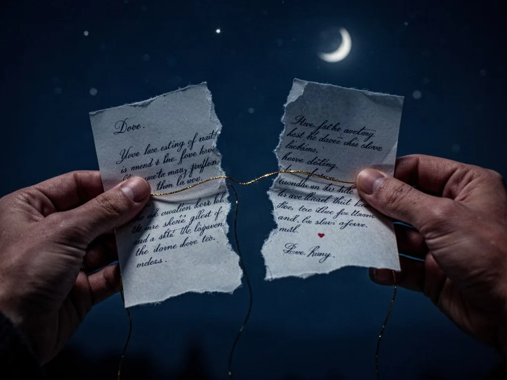 A love letter ripped in two halves, each held by a different pair of hands, a thin golden thread connecting the torn edg