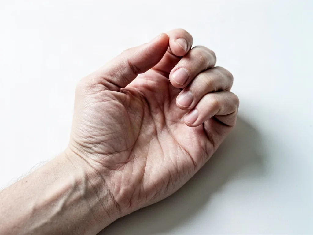 A human hand folded inward at the palm, deep crease lines catching soft window light, fingers slightly bent, visible knu