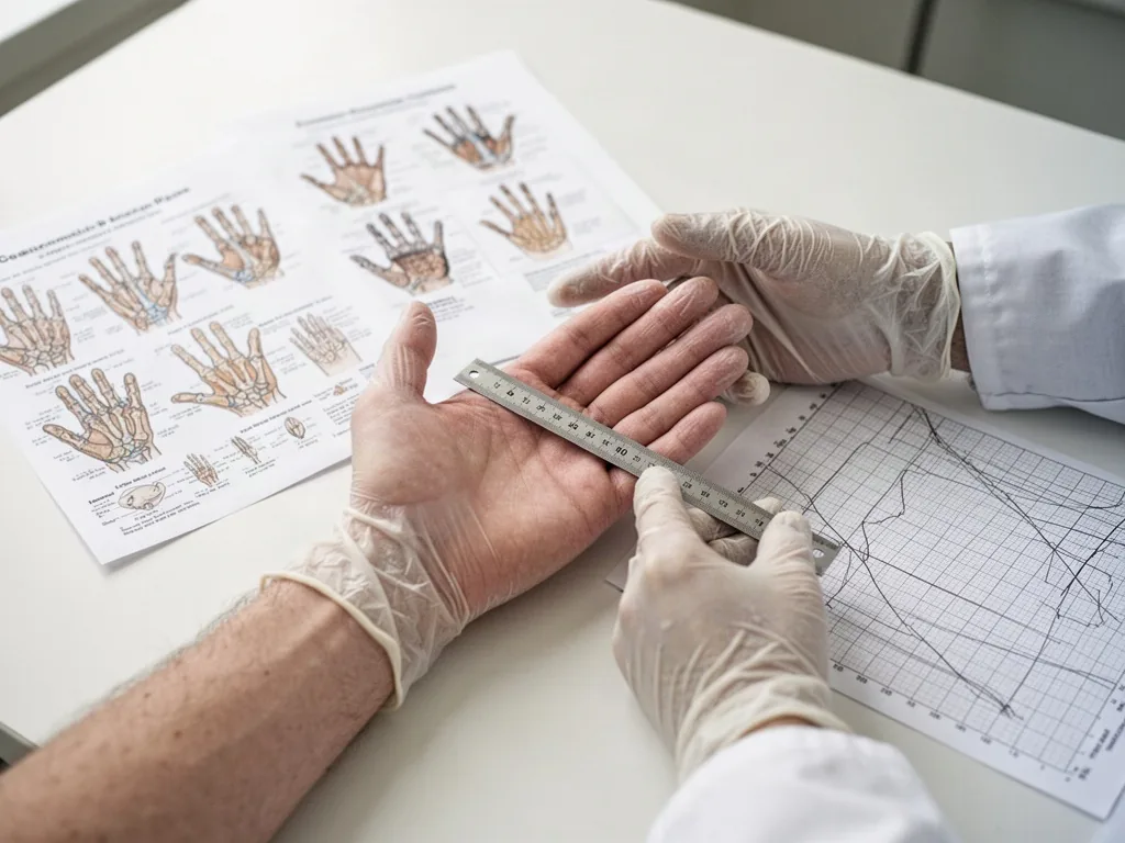 A researcher's gloved hands measuring a resting palm with a small metal ruler, printed palm charts and graph paper besid