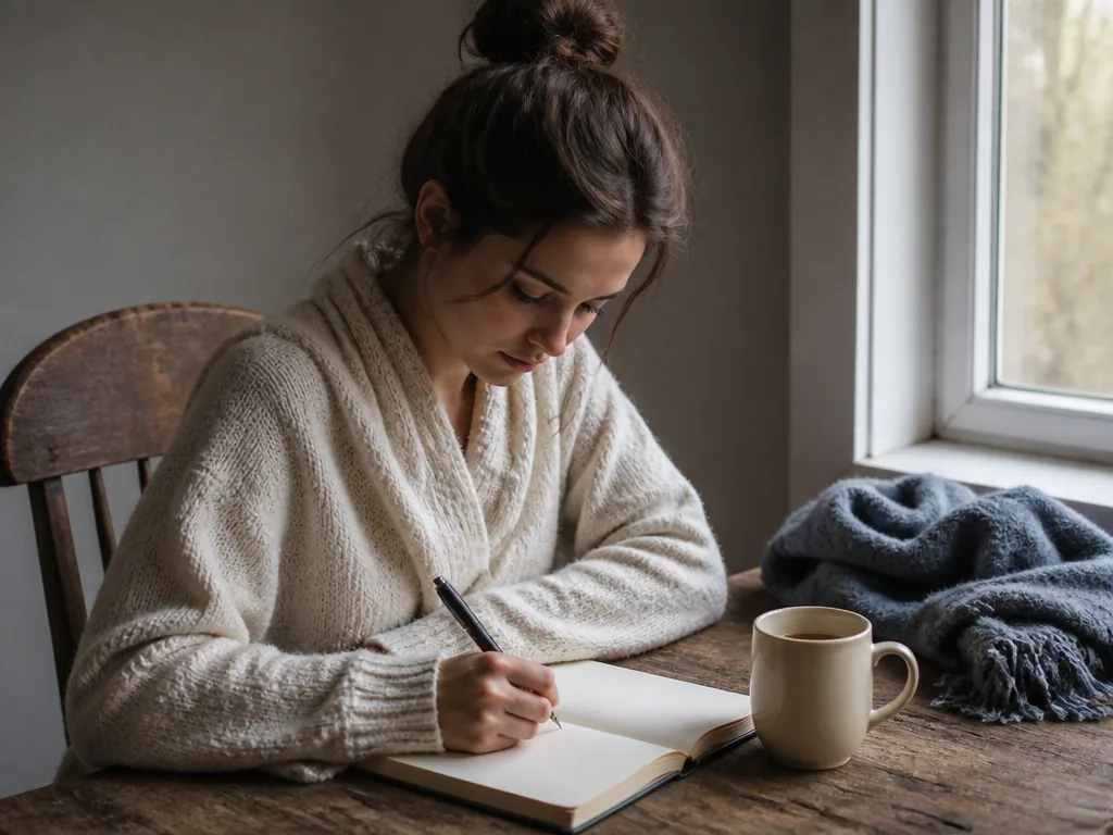Photorealistic editorial photograph: person writing in a blank paper journal at a ceramic mug of tea, wool blanket, worn