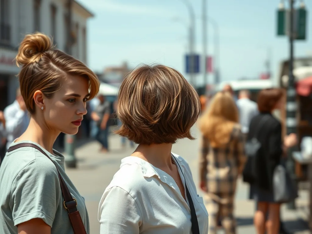 Femme avec une coupe carré dégradé moderne, cheveux ondulés, regard confiant