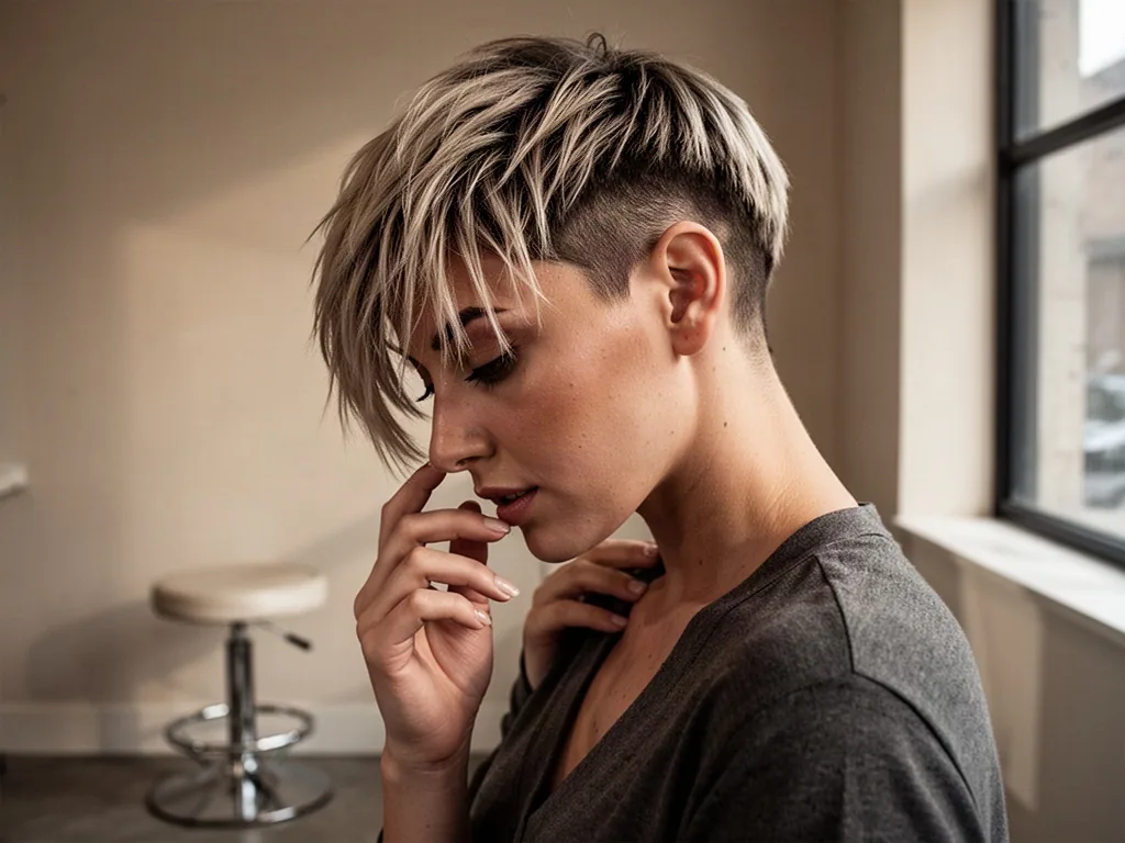 Woman with round face and sharp asymmetrical pixie crop, one side cropped close and the other grazing her brow, tilting 