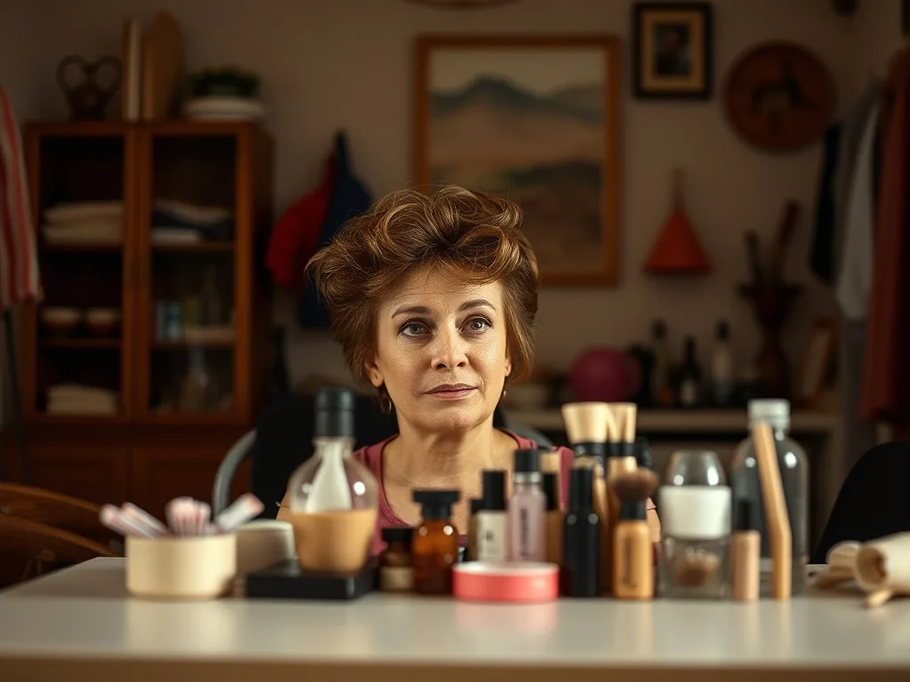 Jeune femme en train de se faire coiffer et maquiller à domicile par une professionnelle, devant un miroir, ambiance calme.