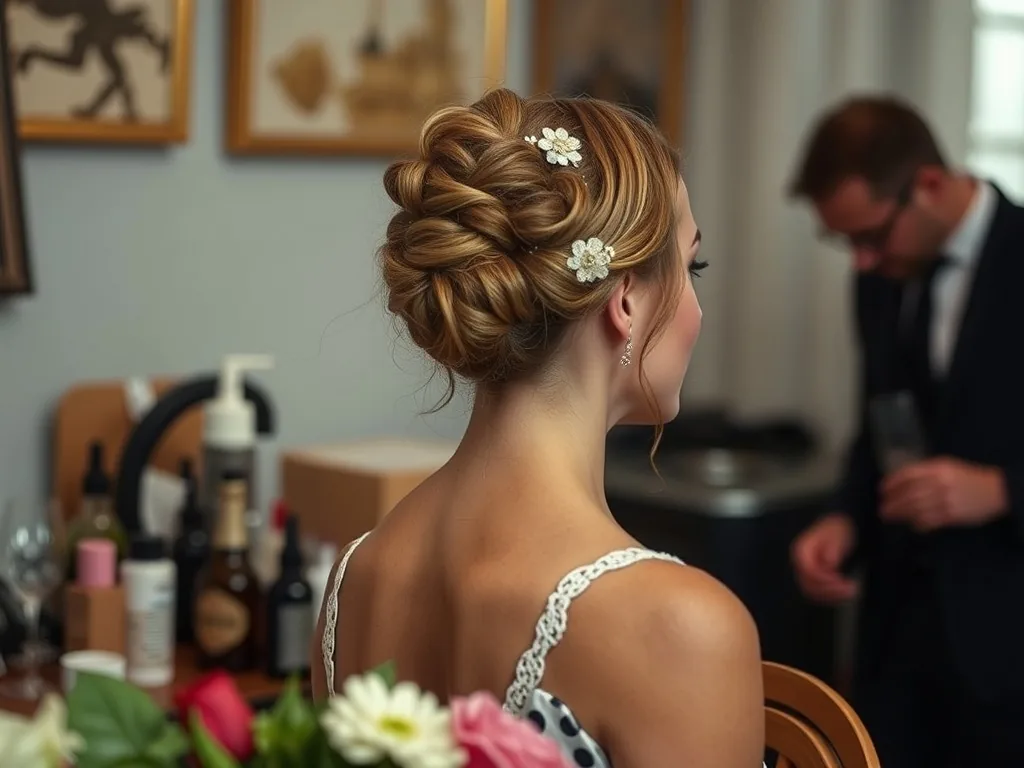 Une mariée souriante se fait maquiller par une professionnelle à domicile, entourée de pinceaux et de produits de beauté.