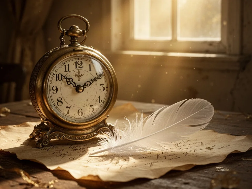An antique brass clock with hands at thirteen thirteen, a translucent white feather resting on aged parchment, sunbeam f