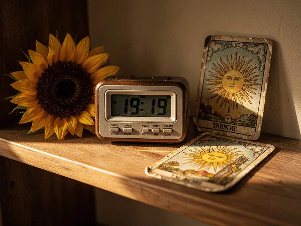 A vintage digital alarm clock displaying 19:19, beside a sunflower and a weathered tarot card with a radiant sun, warm g