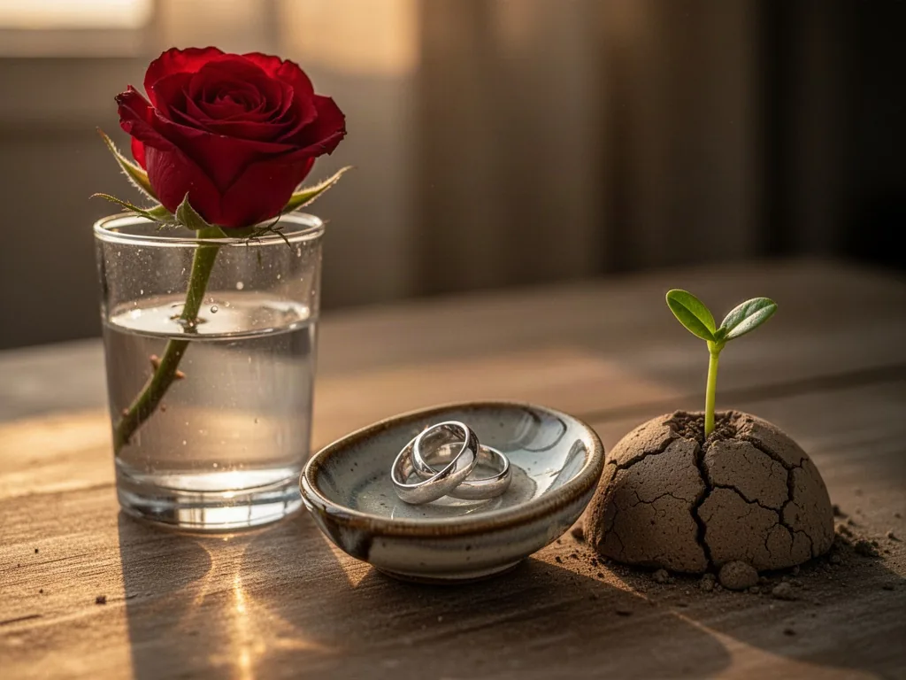 A single red rose in a water glass, two silver rings nested in a ceramic dish, and a small green sprout emerging from cr