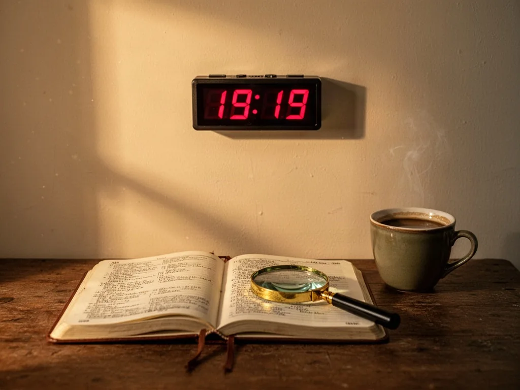 A small digital clock with red numerals 19:19 on a pale wall, above a wooden desk with an open journal, a magnifying gla