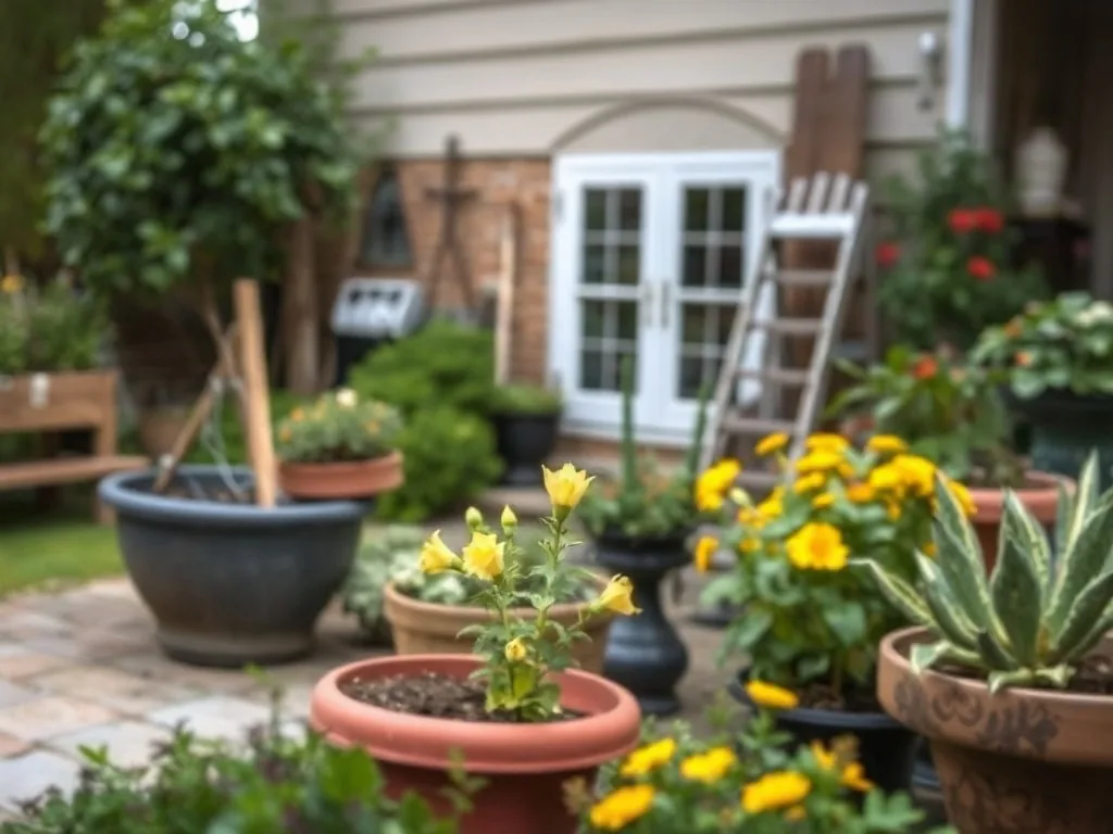 Vue d'un jardin entretenu avec des outils de jardinage et un plan de travail, illustration de service à domicile