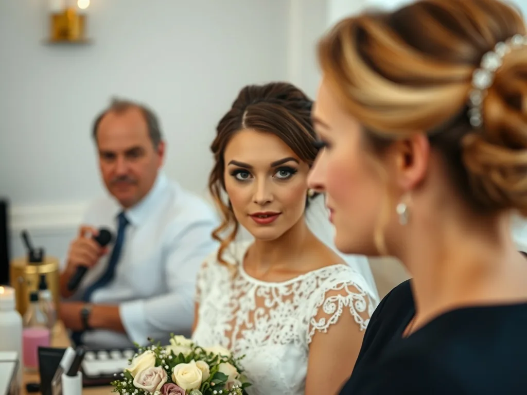 Jeune femme souriante avec un chignon de mariée et un maquillage naturel, vue de côté, lumière douce.