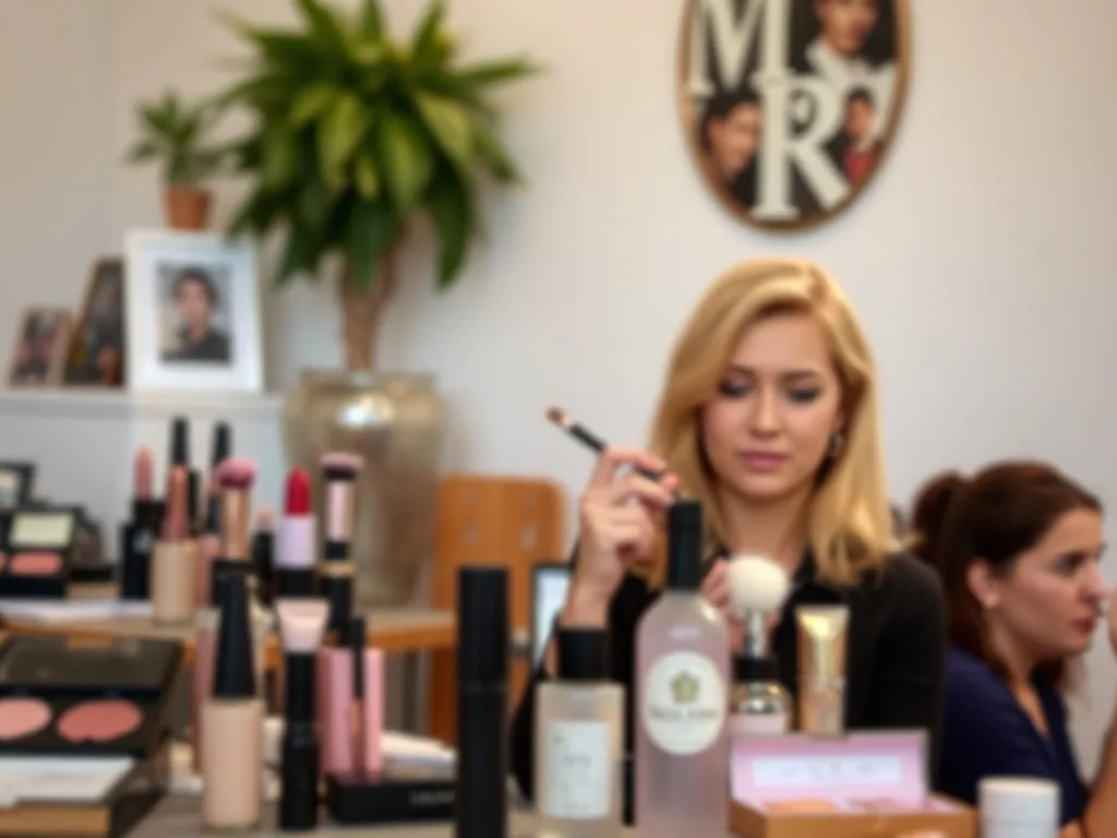 Femme avec un maquillage de fête doré et un smoky eye léger, se touchant le visage devant un miroir
