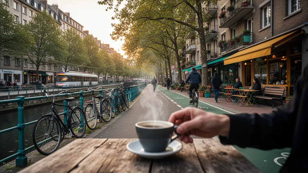 Rue urbaine bordée d'arbres le long d'un canal, immeubles et piétons