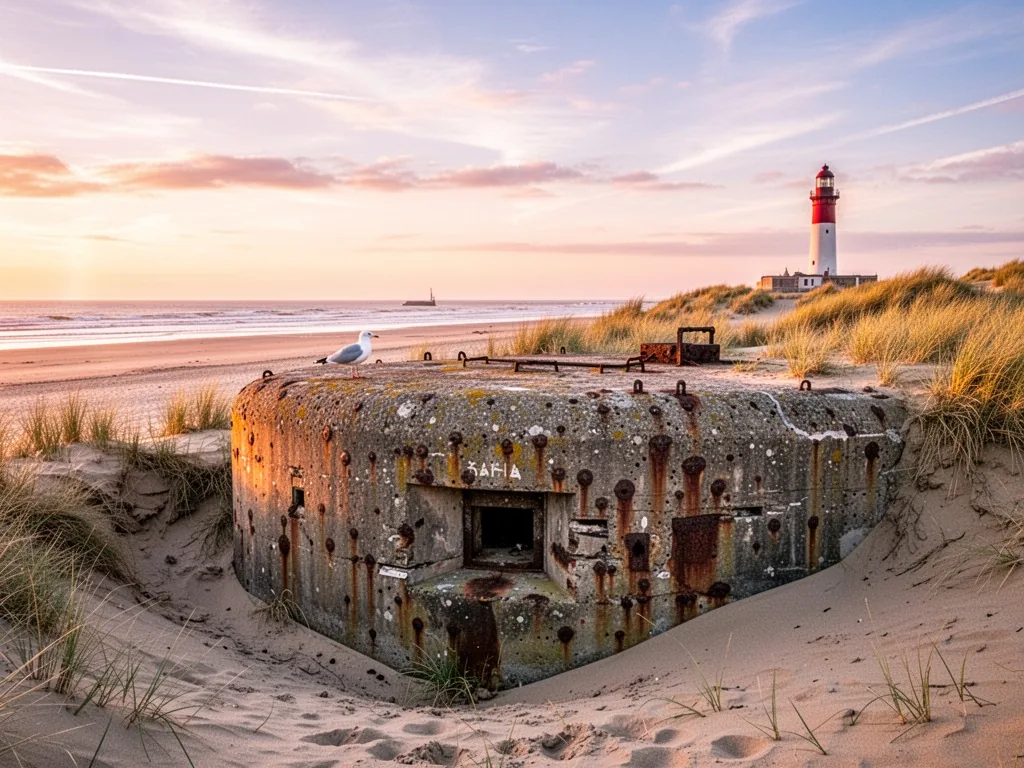 A weathered WWII bunker half-buried in the dunes of Dunkirk at golden hour, rusted metal and concrete textures, a single