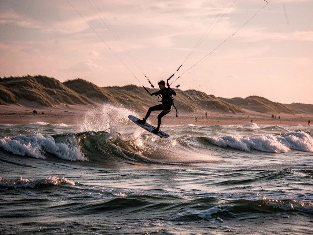 A teen silhouette on a kite surfboard jumping over a North Sea wave, low sun casting long shadows, spray flying, wind-sw