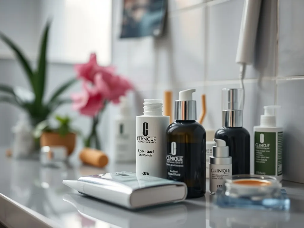 Plusieurs produits de soin visage Clinique alignés sur une table claire, avec leur packaging blanc et vert signature