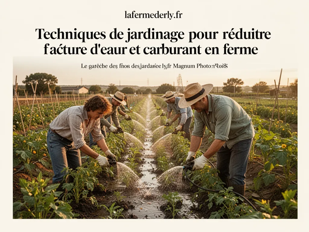 Potager en rangs, cuve de récupération d'eau posée à l'arrière, arrosoir et pompe 12V posés à côté